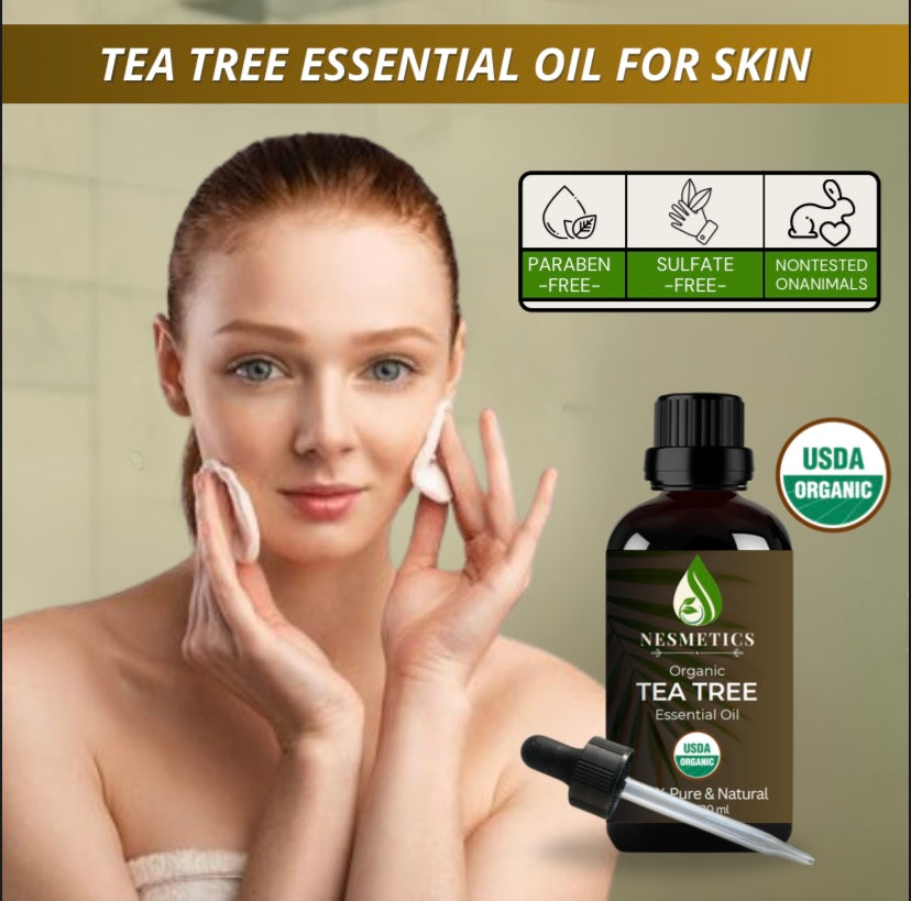 Nesmetics  Organic Tea Tree Oil , 100% Pure Tea Tree Oil for Skin, Hair, Face, Toenails, Scalp, Acne - Tea Tree Essential Oil for Aromatherapy, Humidifiers, Diffusers - 1 oz /30ml