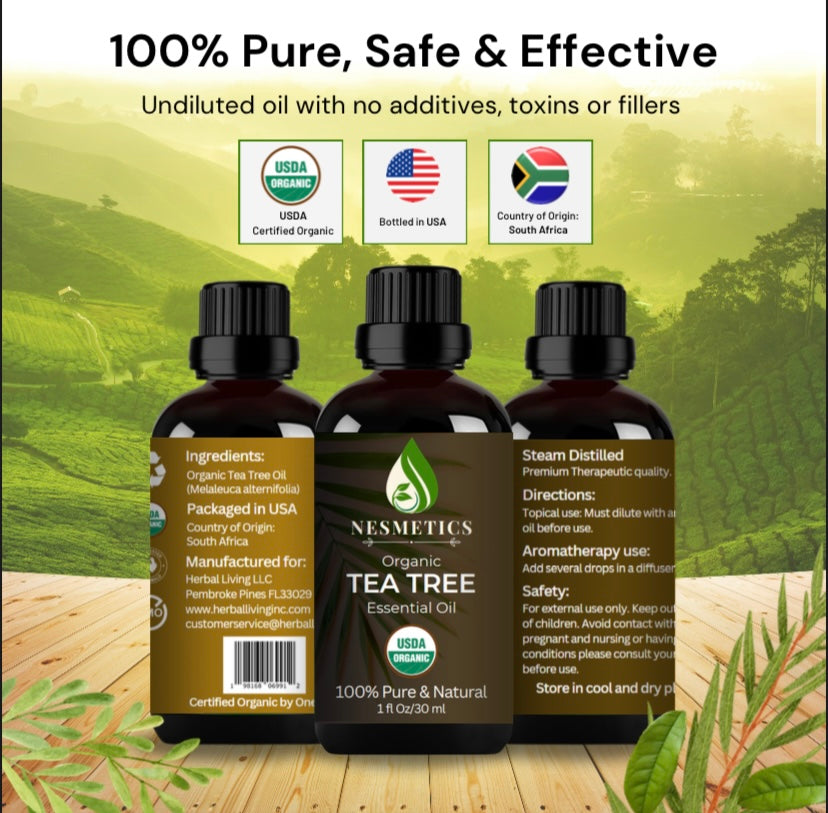 Nesmetics  Organic Tea Tree Oil , 100% Pure Tea Tree Oil for Skin, Hair, Face, Toenails, Scalp, Acne - Tea Tree Essential Oil for Aromatherapy, Humidifiers, Diffusers - 1 oz /30ml