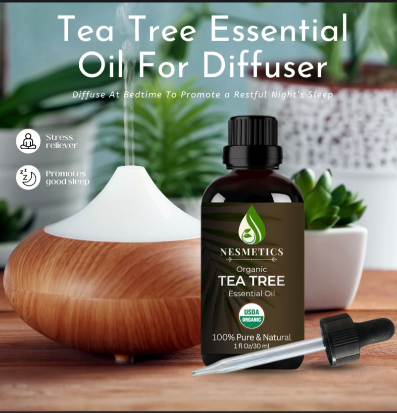 Nesmetics  Organic Tea Tree Oil , 100% Pure Tea Tree Oil for Skin, Hair, Face, Toenails, Scalp, Acne - Tea Tree Essential Oil for Aromatherapy, Humidifiers, Diffusers - 1 oz /30ml