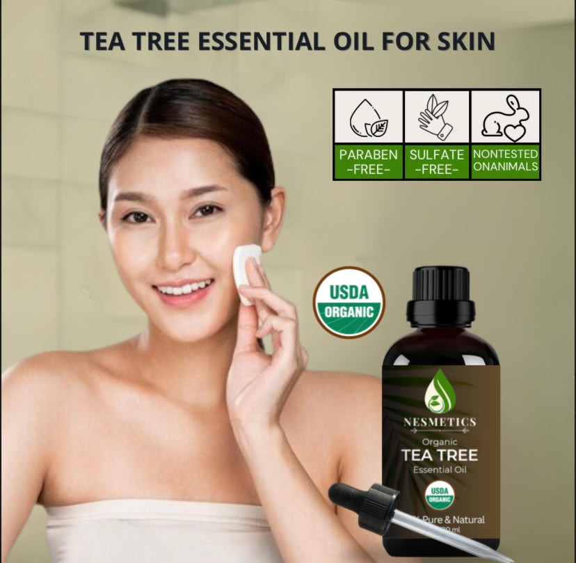 Nesmetics  Organic Tea Tree Oil , 100% Pure Tea Tree Oil for Skin, Hair, Face, Toenails, Scalp, Acne - Tea Tree Essential Oil for Aromatherapy, Humidifiers, Diffusers - 1 oz /30ml